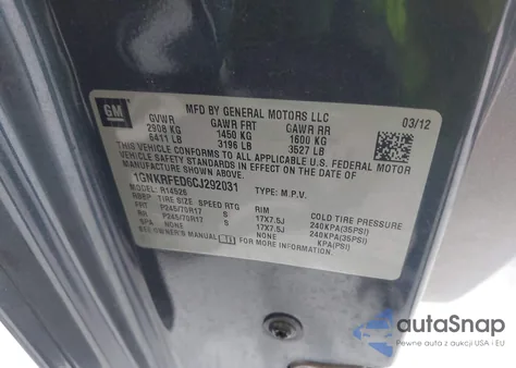 2012 Chevrolet Traverse Ls z USA, uszkodzony, nr VIN 1GNKRFED6CJ292031